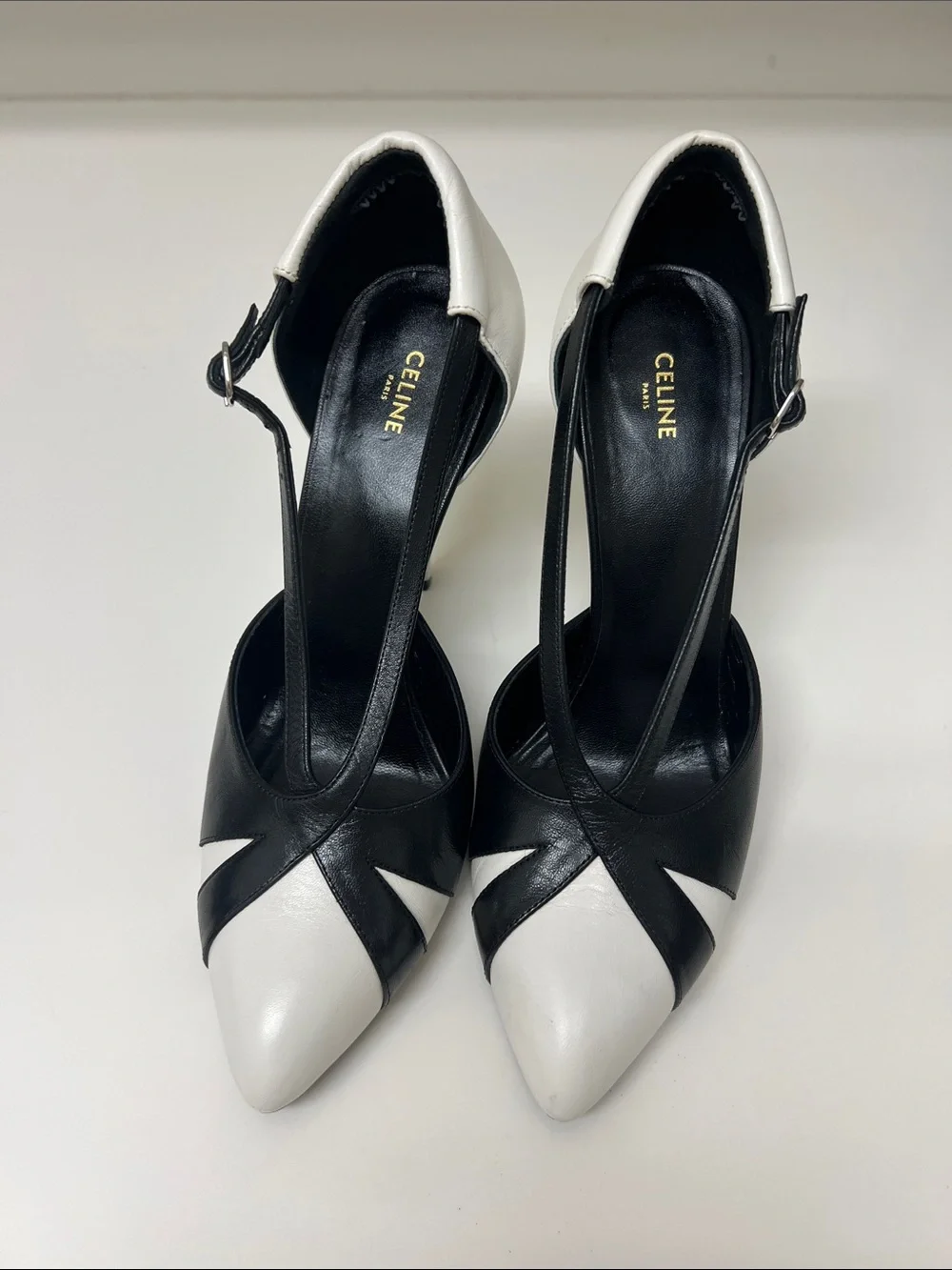 Celine Two-Tone Black and White Pointed Leather Heels - Picture 1 of 6